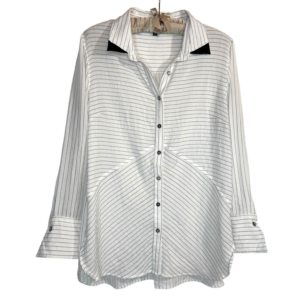 John Mark Striped Button Front Top L Lagenlook Minimalist Relaxed Crinkle Blouse